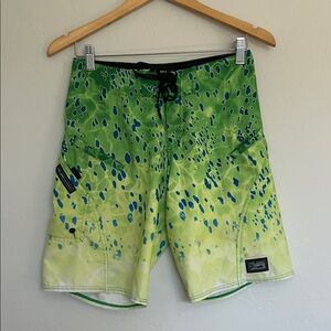 Pelagic Green and Blue Board Shorts youth swim trunks size 27, Boys Large
